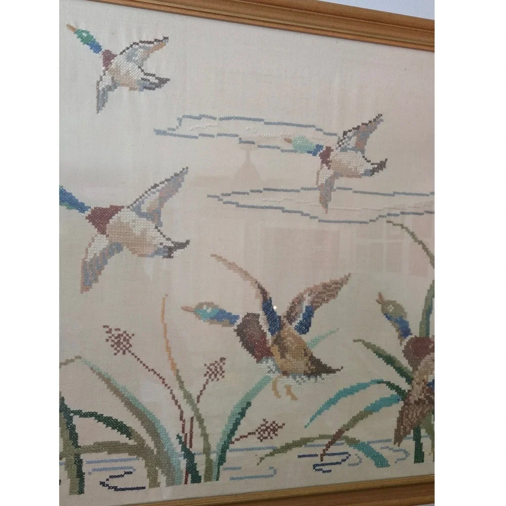 LG Vintage Framed Mallard Ducks Cross Stitch Needlepoint Wildlife Wall Art 27x38